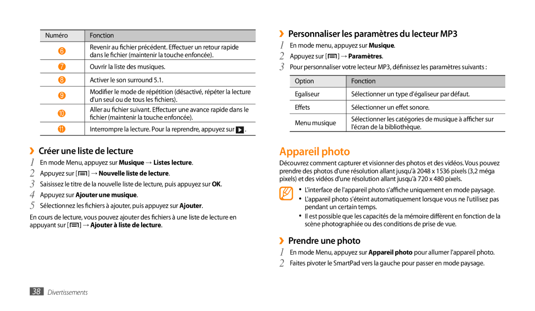 Samsung GT-P1000CWDXEF manual Appareil photo, ››Créer une liste de lecture, ››Personnaliser les paramètres du lecteur MP3 