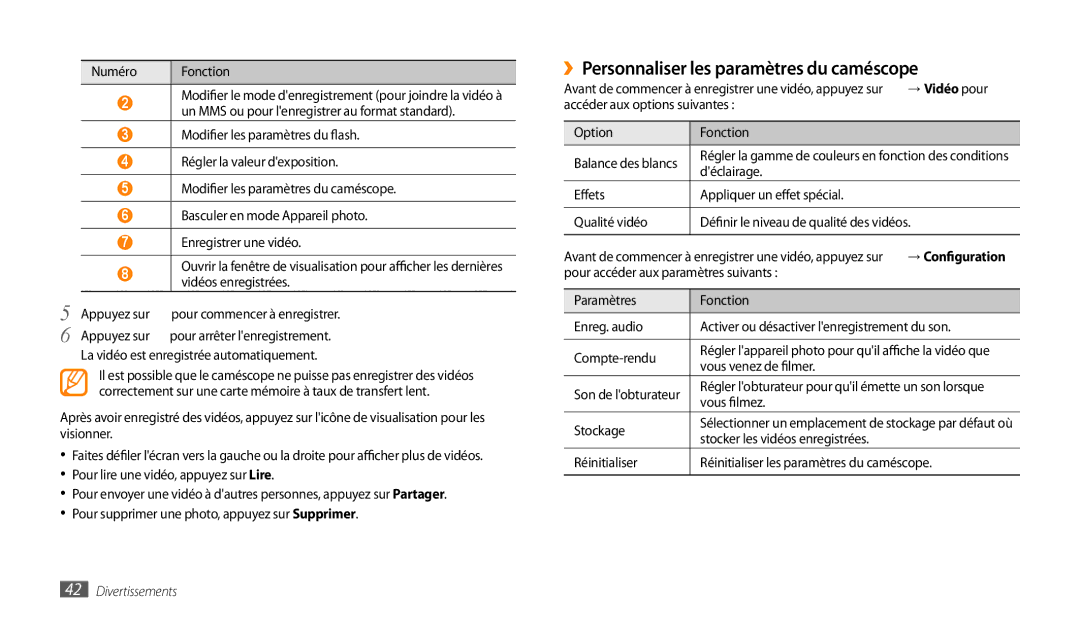 Samsung GT-P1000CWDSFR, GT-P1000CWAXEF, GT-P1000MSAXEF, GT-P1000CWDXEF manual ››Personnaliser les paramètres du caméscope 