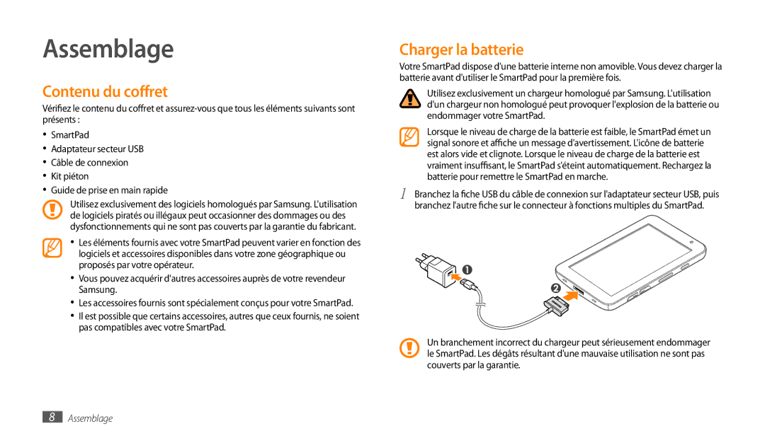 Samsung GT-P1000CWABOG, GT-P1000CWAXEF, GT-P1000MSAXEF, GT-P1000CWDXEF Assemblage, Contenu du coffret, Charger la batterie 