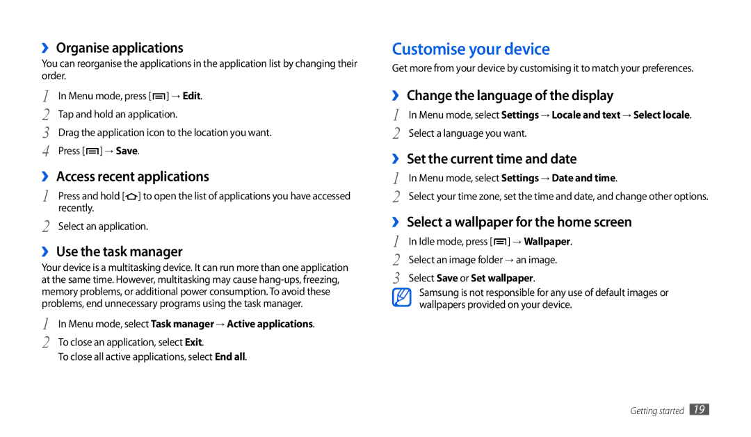 Samsung GT-P1000CWDXEF, GT-P1000CWAXEU, GT-P1000CWAVD2, GT-P1000CWDDBT, GT-P1000ZKDDBT, GT-P1000MSADBT Customise your device 