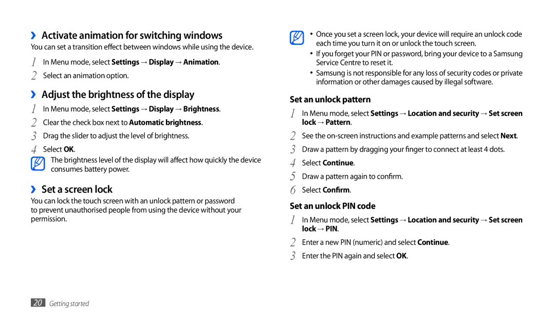 Samsung GT-P1000CWASFR manual ›› Activate animation for switching windows, ›› Adjust the brightness of the display 