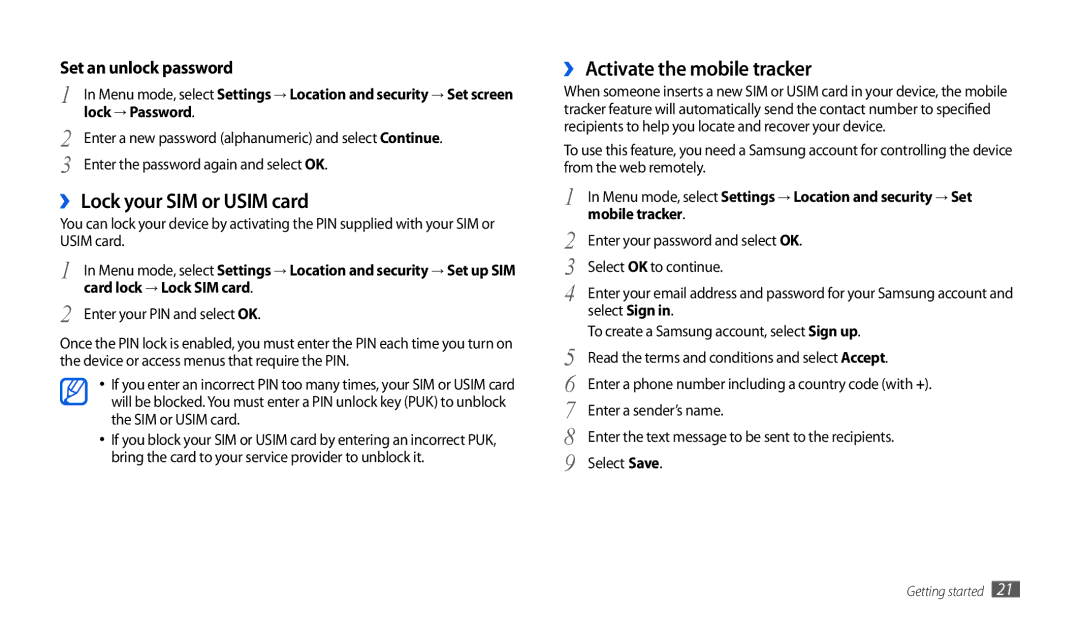 Samsung GT-P1000CWALUX, GT-P1000CWAXEU, GT-P1000CWAVD2 manual ›› Lock your SIM or Usim card, ›› Activate the mobile tracker 