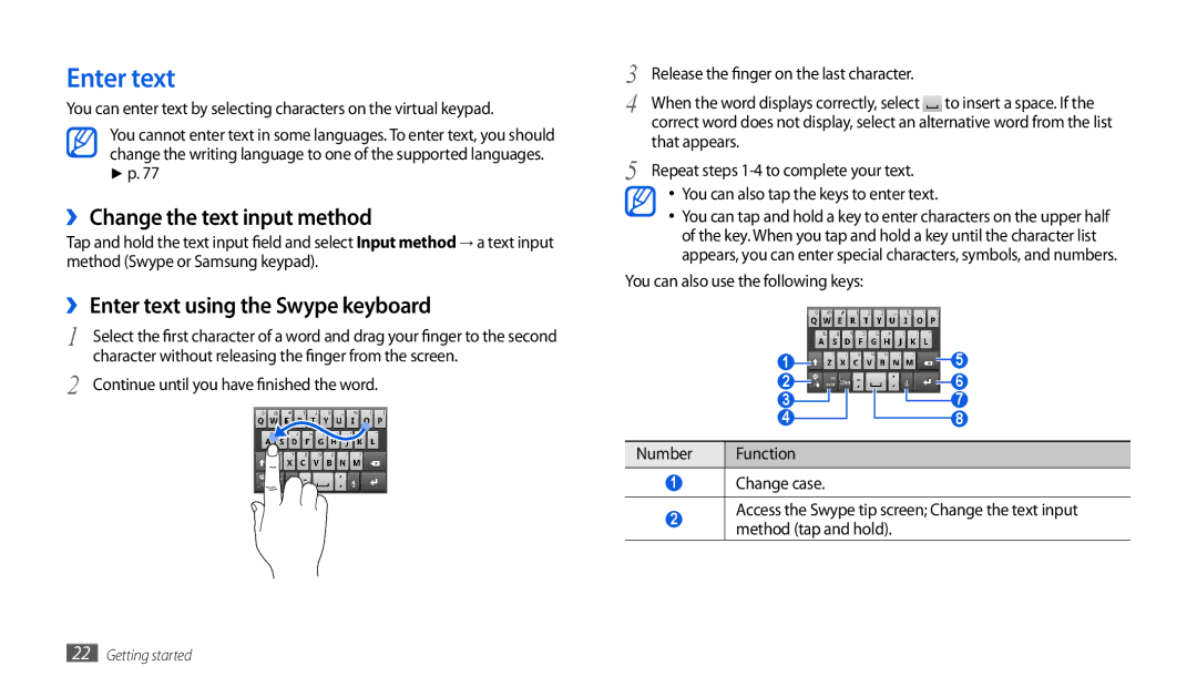 Samsung GT-P1000CWDBOG, GT-P1000CWAXEU manual ›› Change the text input method, ›› Enter text using the Swype keyboard 