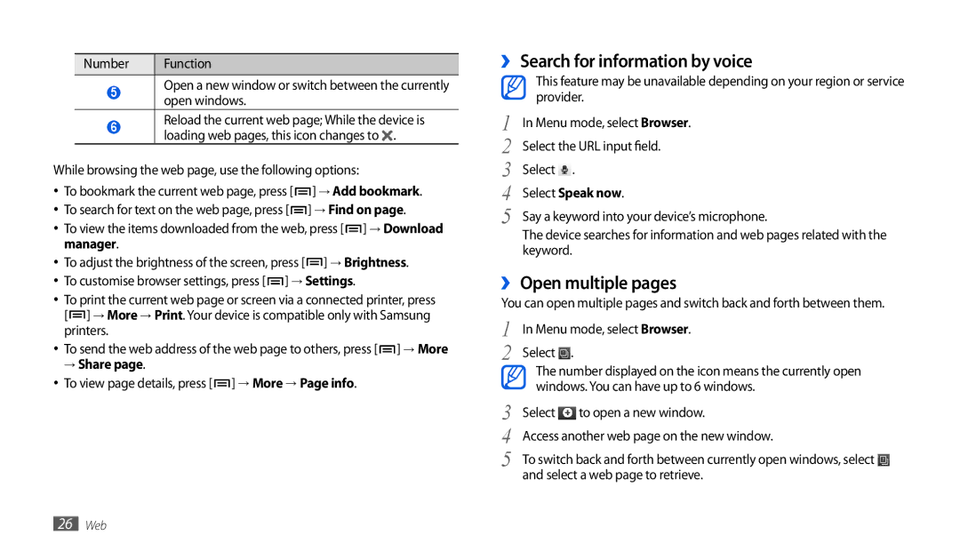 Samsung GT-P1000MSATIM manual ›› Search for information by voice, ›› Open multiple pages, → Share, Select Speak now 