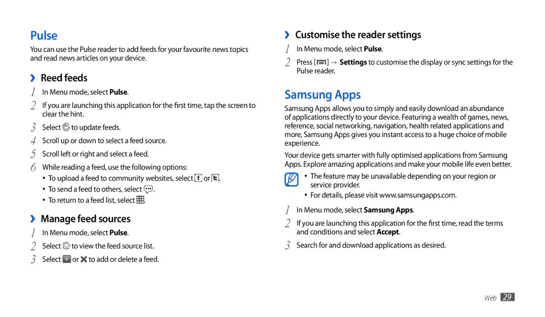 Samsung GT-P1000CWATIM manual Pulse, Samsung Apps, ›› Reed feeds, ›› Manage feed sources, ›› Customise the reader settings 