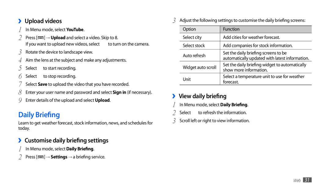 Samsung GT-P1000CWAWIN Daily Briefing, ›› Upload videos, ›› Customise daily briefing settings, ›› View daily briefing 