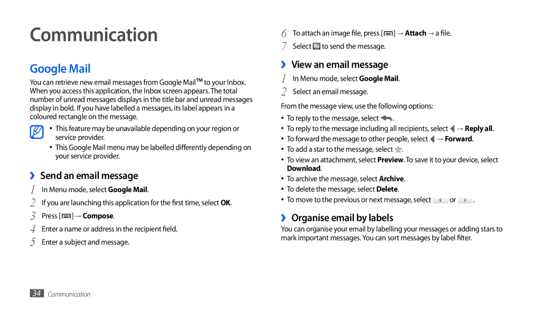 Samsung GT-P1000CWAOMN, GT-P1000CWAXEU manual Communication, Google Mail, ›› Send an email message, ›› View an email message 