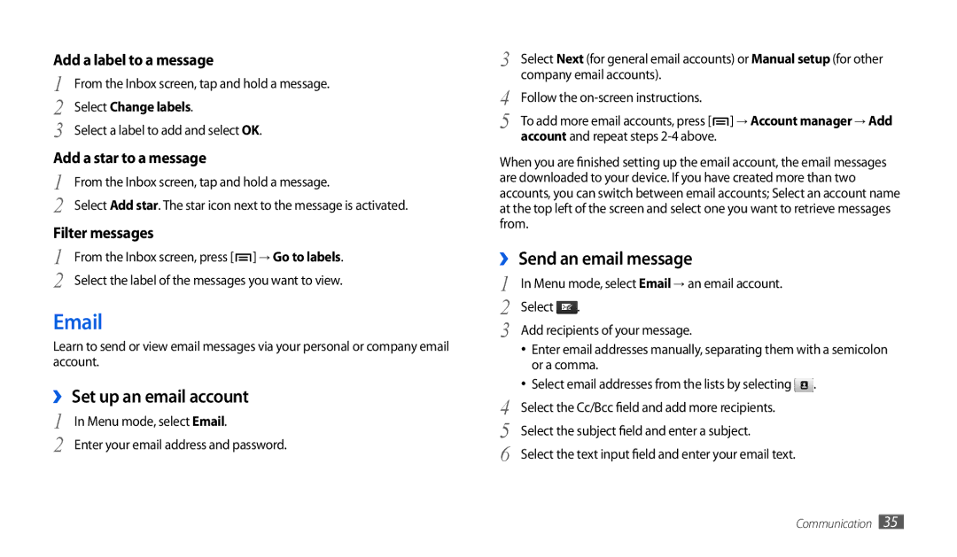 Samsung GT-P1000CWDOMN, GT-P1000CWAXEU, GT-P1000CWAVD2, GT-P1000CWDDBT manual ›› Set up an email account, Select Change labels 