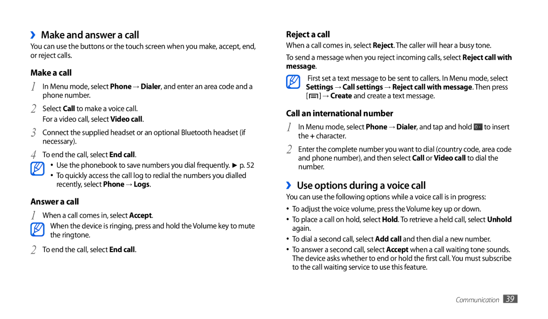 Samsung GT-P1000CWDPRO, GT-P1000CWAXEU, GT-P1000CWAVD2 manual ›› Make and answer a call, ›› Use options during a voice call 