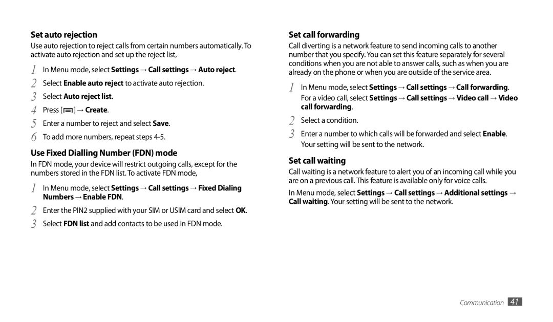 Samsung GT-P1000CWAFWD, GT-P1000CWAXEU Select Auto reject list, Numbers → Enable FDN, Call forwarding, Select a condition 