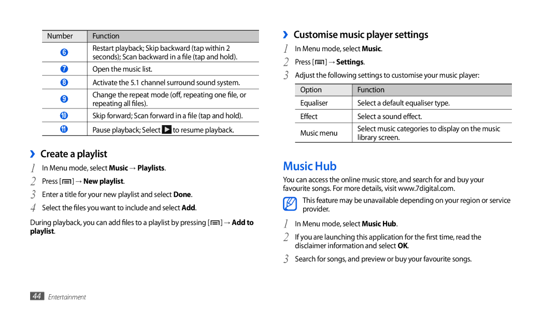 Samsung GT-P1000CWDAMN manual Music Hub, ›› Create a playlist, ›› Customise music player settings, Press → New playlist 