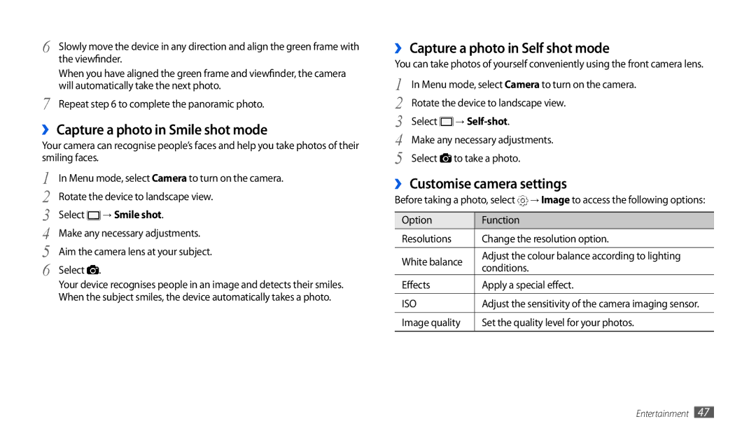 Samsung GT-P1000CWEATL manual ›› Capture a photo in Smile shot mode, ›› Capture a photo in Self shot mode, → Smile shot 