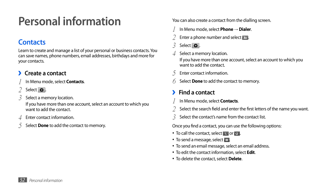 Samsung GT-P1000CWDATL, GT-P1000CWAXEU manual Personal information, Contacts, ›› Create a contact, ›› Find a contact 