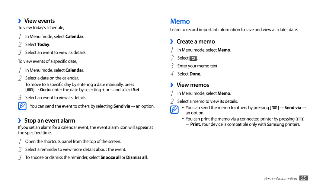 Samsung GT-P1000CWAXEC, GT-P1000CWAXEU manual Memo, ›› View events, ›› Stop an event alarm, ›› Create a memo, ›› View memos 
