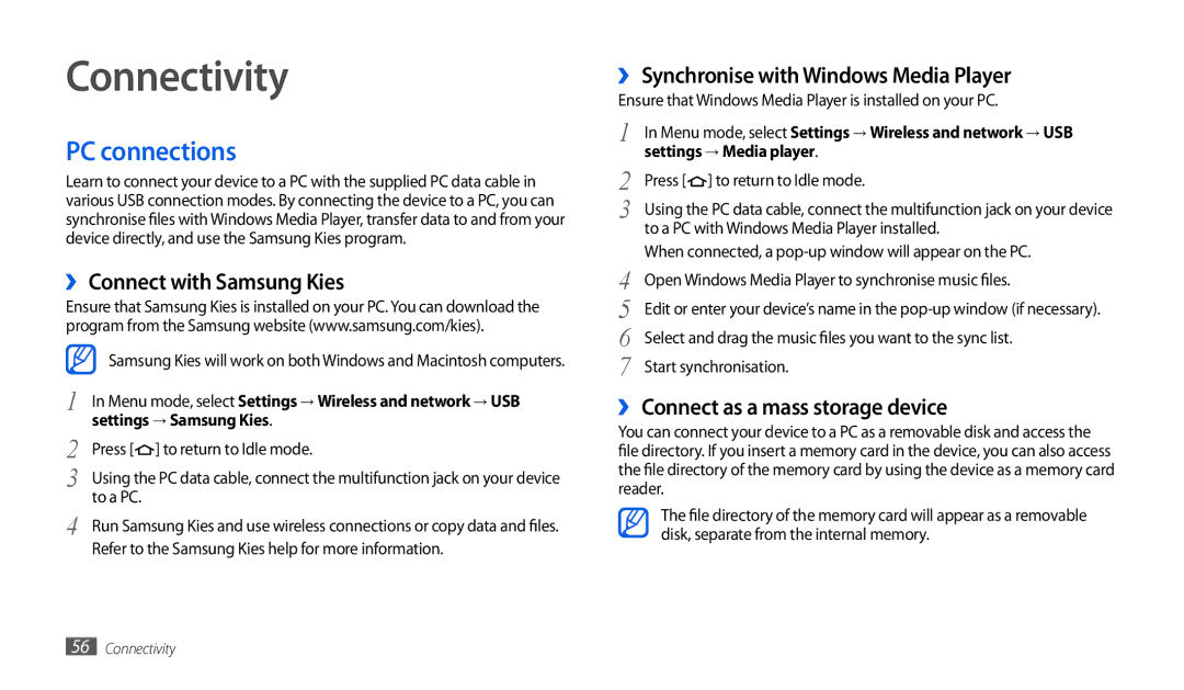 Samsung GT-P1000CWDXEC Connectivity, PC connections, ›› Connect with Samsung Kies, ›› Connect as a mass storage device 