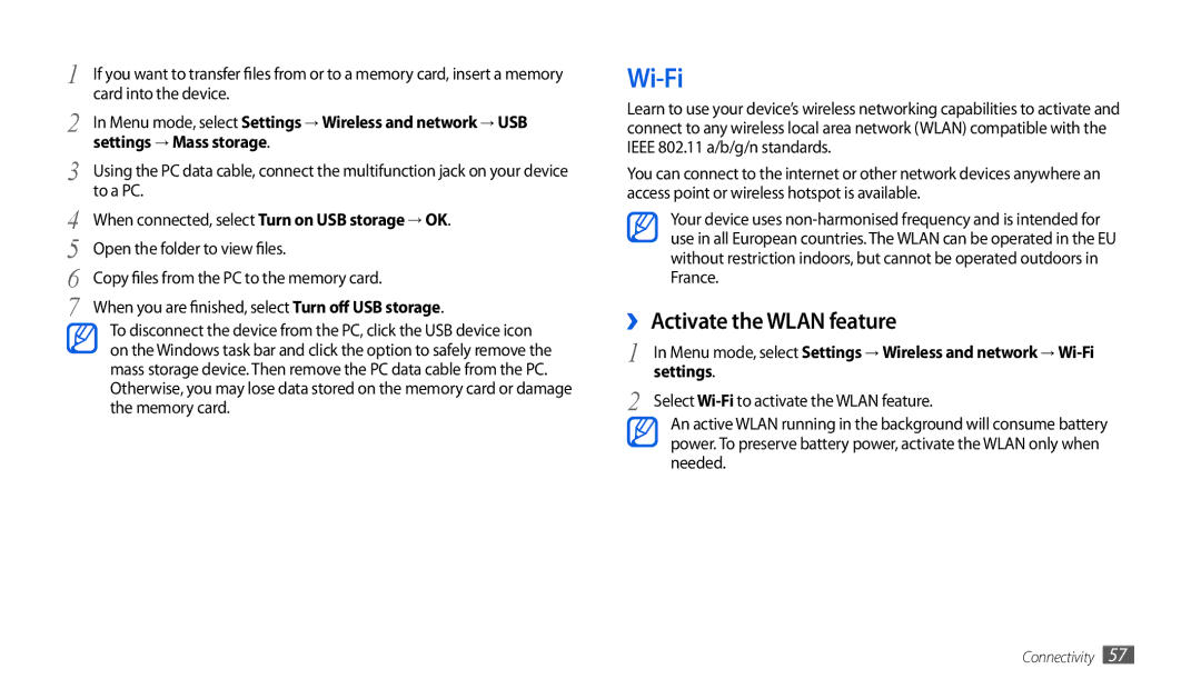 Samsung GT-P1000CWAATL, GT-P1000CWAXEU, GT-P1000CWAVD2 manual Wi-Fi, ›› Activate the Wlan feature, Settings → Mass storage 