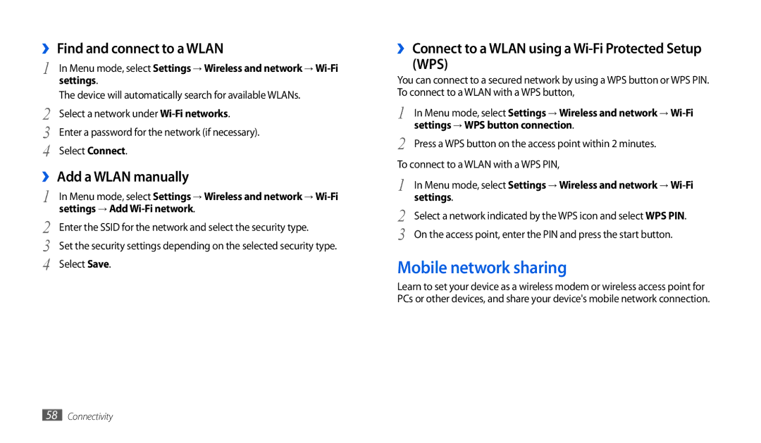 Samsung GT-P1000CWAAFG, GT-P1000CWAXEU Mobile network sharing, ›› Find and connect to a Wlan, ›› Add a Wlan manually 