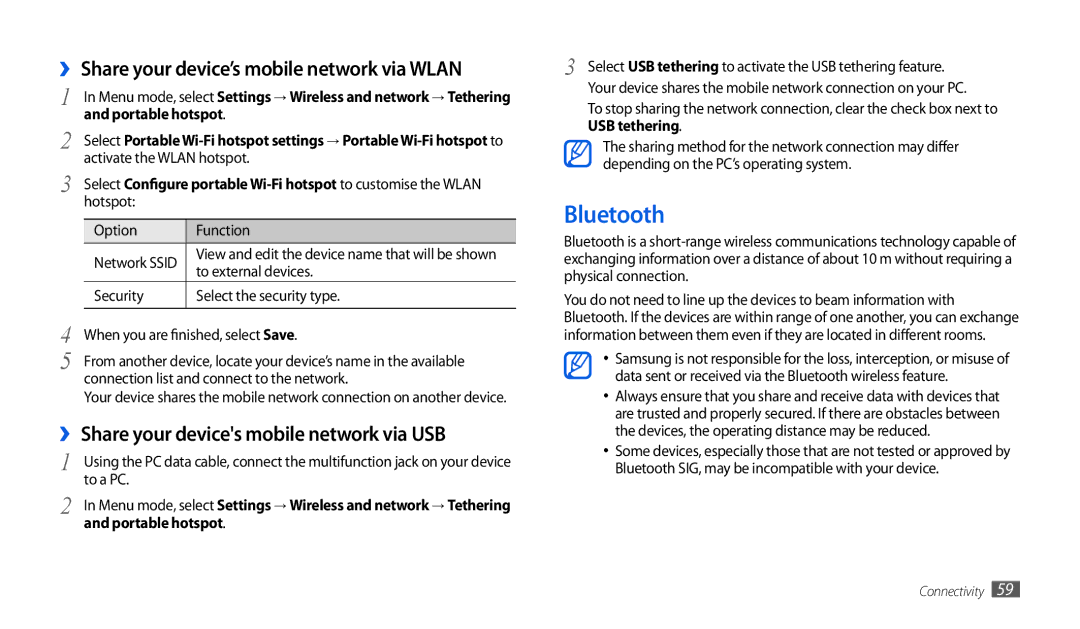 Samsung GT-P1000CWAKSA, GT-P1000CWAXEU, GT-P1000CWAVD2 manual Bluetooth, ›› Share your device’s mobile network via Wlan 