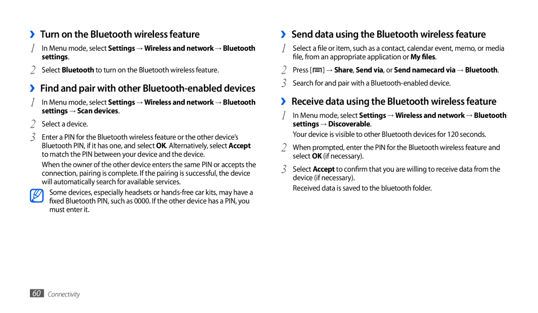 Samsung GT-P1000CWAMID manual ›› Turn on the Bluetooth wireless feature, ›› Send data using the Bluetooth wireless feature 