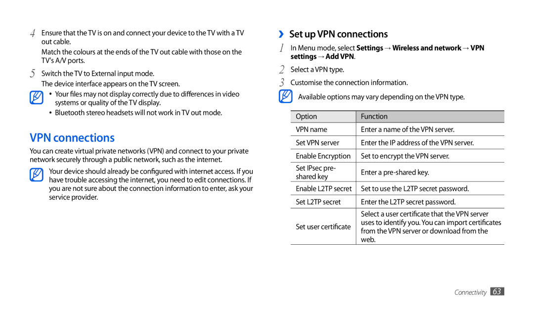 Samsung GT-P1000MSEARB, GT-P1000CWAXEU, GT-P1000CWAVD2, GT-P1000CWDDBT ›› Set up VPN connections, Settings → Add VPN 