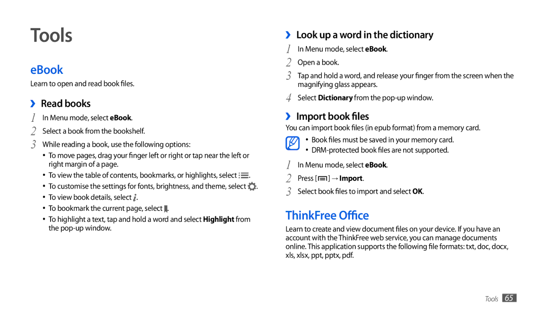 Samsung GT-P1000CWAXSS, GT-P1000CWAXEU, GT-P1000CWAVD2, GT-P1000CWDDBT, GT-P1000ZKDDBT manual Tools, EBook, ThinkFree Office 