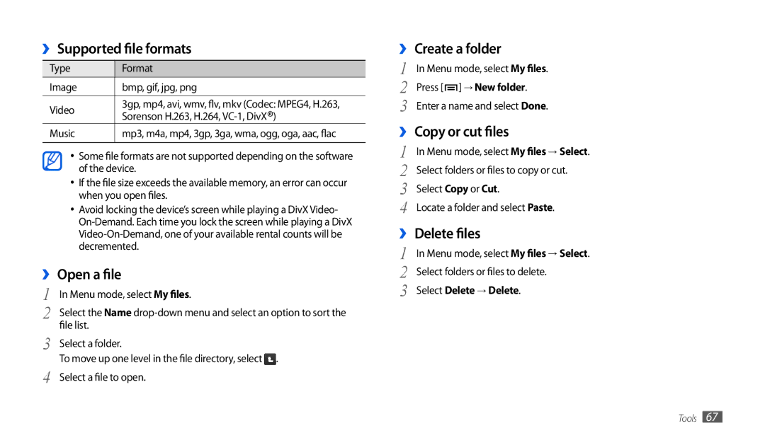 Samsung GT-P1000MSEXSS, GT-P1000CWAXEU ›› Supported file formats, ›› Open a file, ›› Create a folder, ›› Copy or cut files 