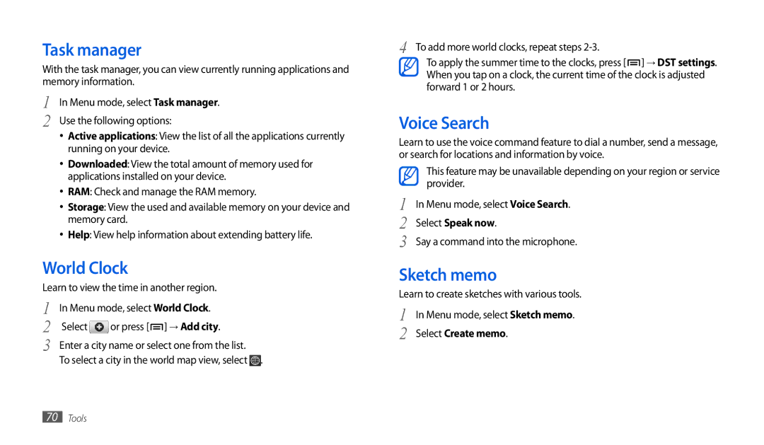 Samsung GT-P1000CWEARB, GT-P1000CWAXEU manual Task manager, World Clock, Voice Search, Sketch memo, Select Create memo 