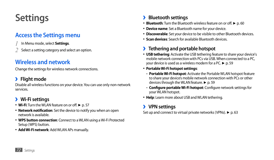 Samsung GT-P1000CWETHR, GT-P1000CWAXEU, GT-P1000CWAVD2, GT-P1000CWDDBT Access the Settings menu, Wireless and network 