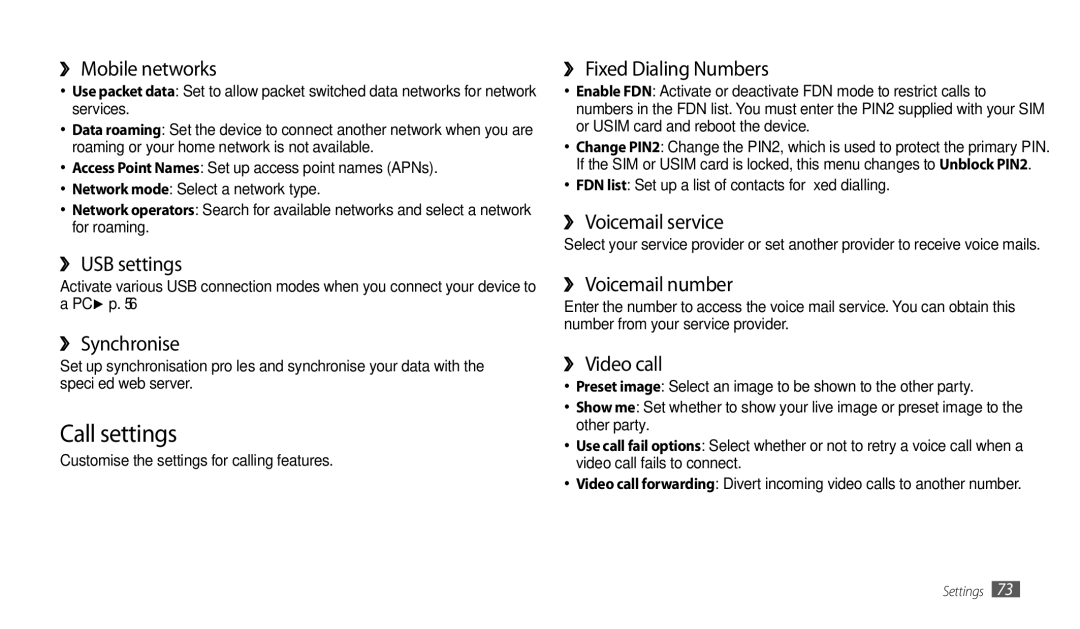 Samsung GT-P1000CWAMMC, GT-P1000CWAXEU, GT-P1000CWAVD2, GT-P1000CWDDBT, GT-P1000ZKDDBT, GT-P1000MSADBT manual Call settings 