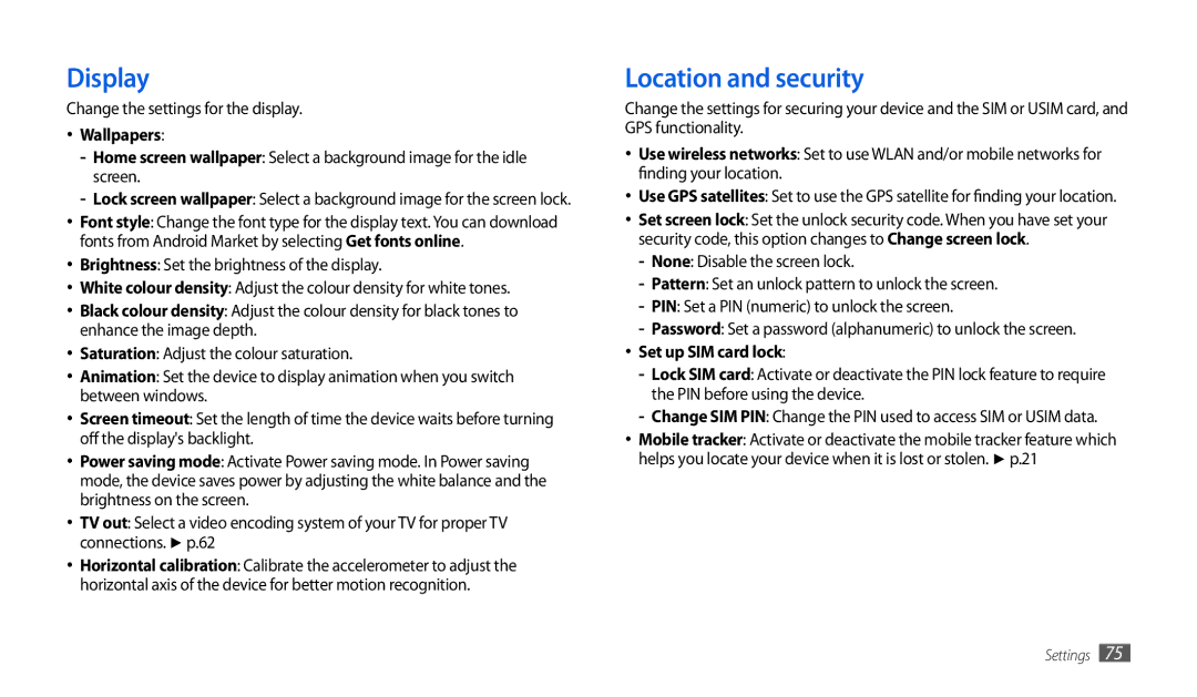 Samsung GT-P1000MSAXSG, GT-P1000CWAXEU Display, Location and security, Change the settings for the display, Wallpapers 