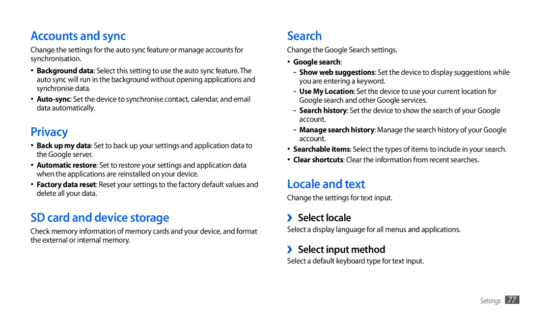 Samsung GT-P1000CWAJED, GT-P1000CWAXEU Accounts and sync, Privacy, SD card and device storage, Search, Locale and text 