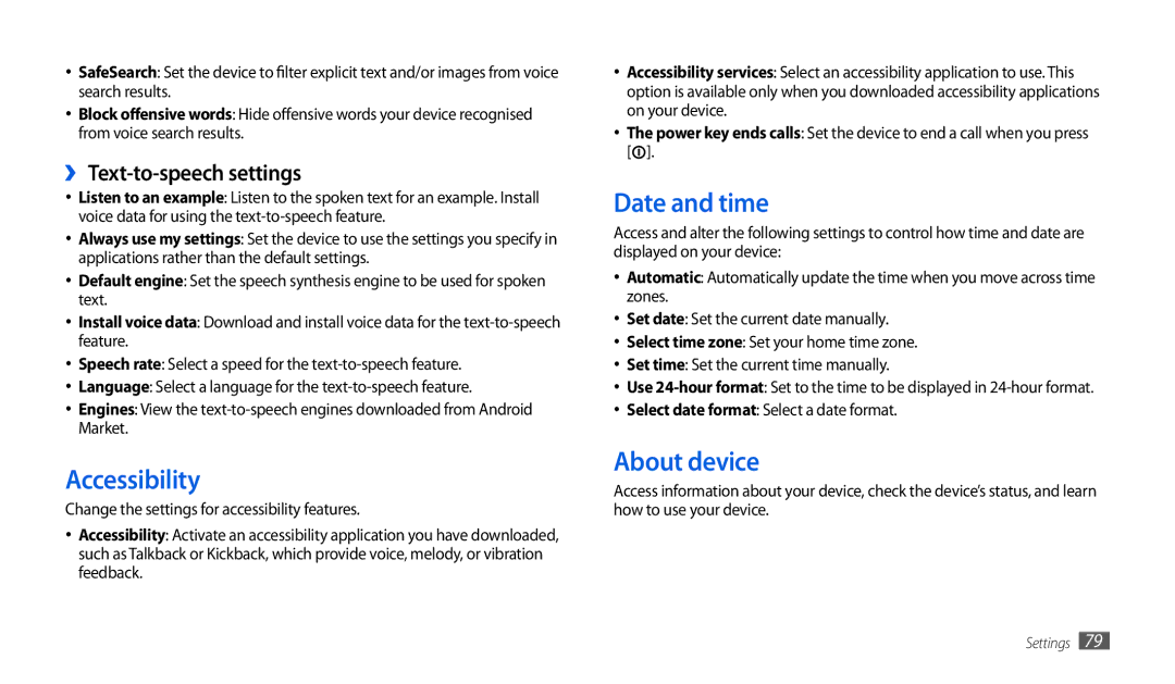 Samsung GT-P1000CWATHR, GT-P1000CWAXEU manual Accessibility, Date and time, About device, ›› Text-to-speech settings 