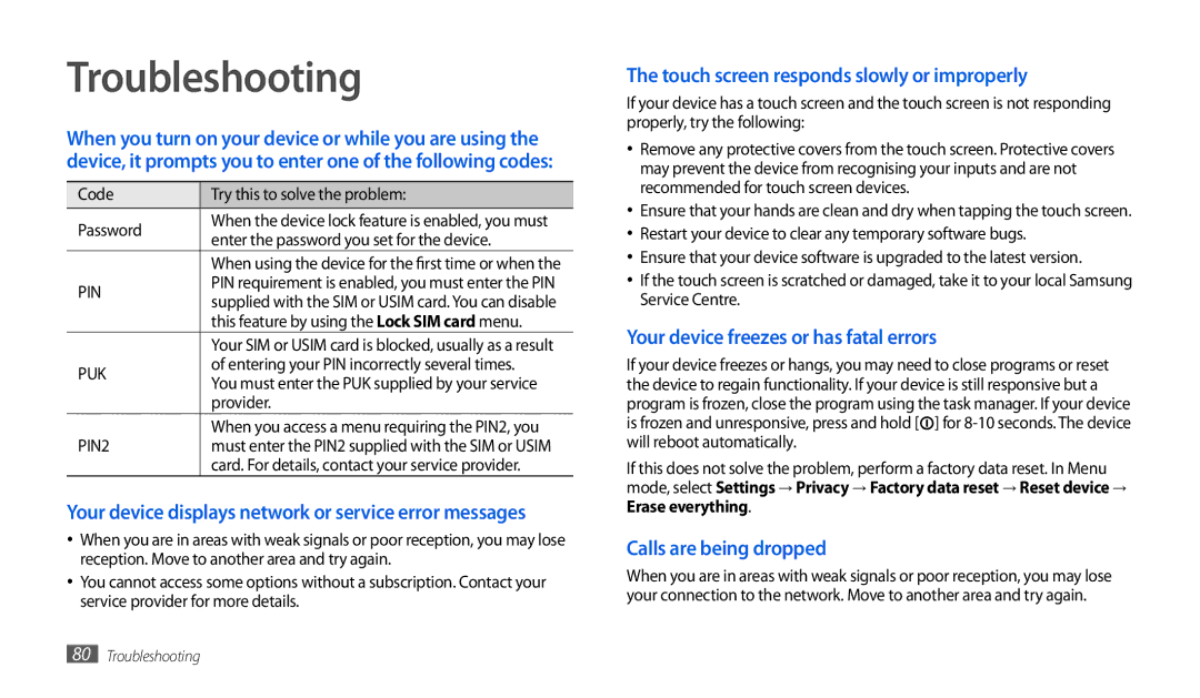 Samsung GT-P1000ZKAPAK manual Troubleshooting, Touch screen responds slowly or improperly, Calls are being dropped 