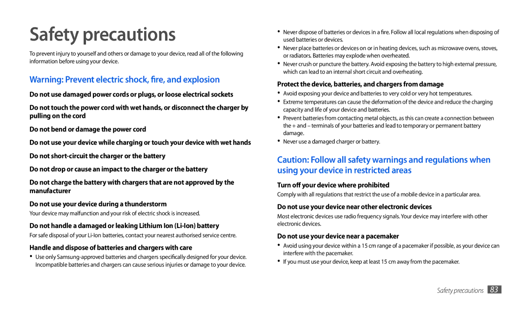 Samsung GT-P1000CWEXSG, GT-P1000CWAXEU manual Safety precautions, Handle and dispose of batteries and chargers with care 