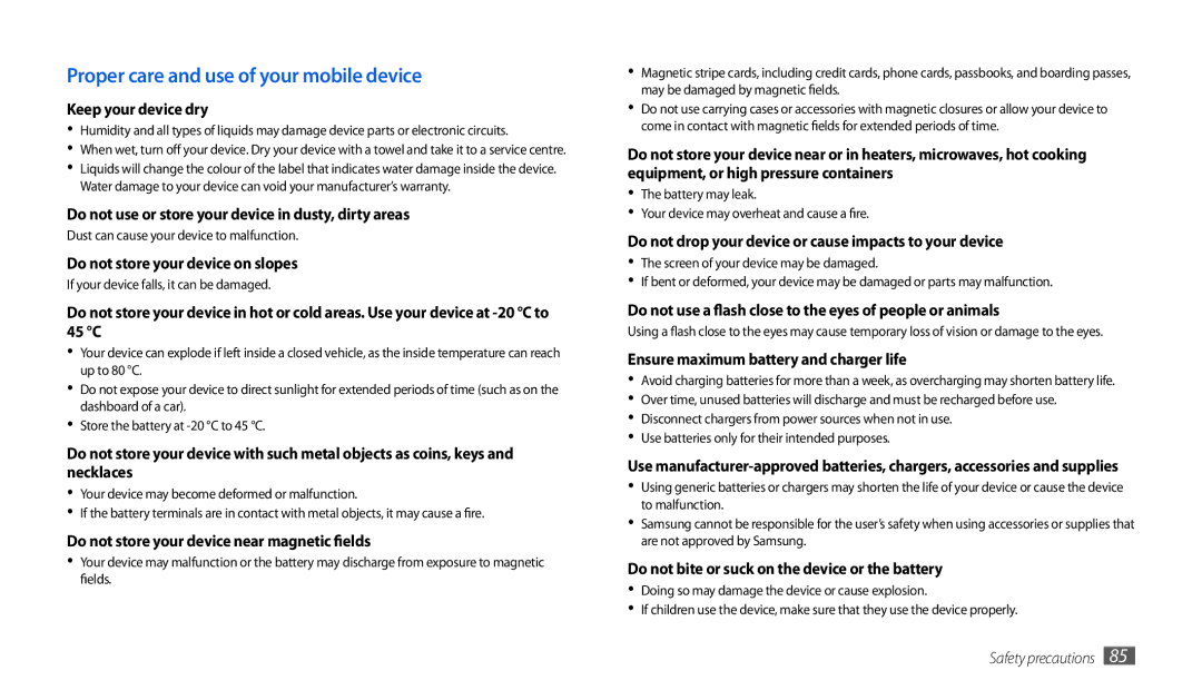 Samsung GT-P1000MSAARB, GT-P1000CWAXEU, GT-P1000CWAVD2 manual Proper care and use of your mobile device, Keep your device dry 