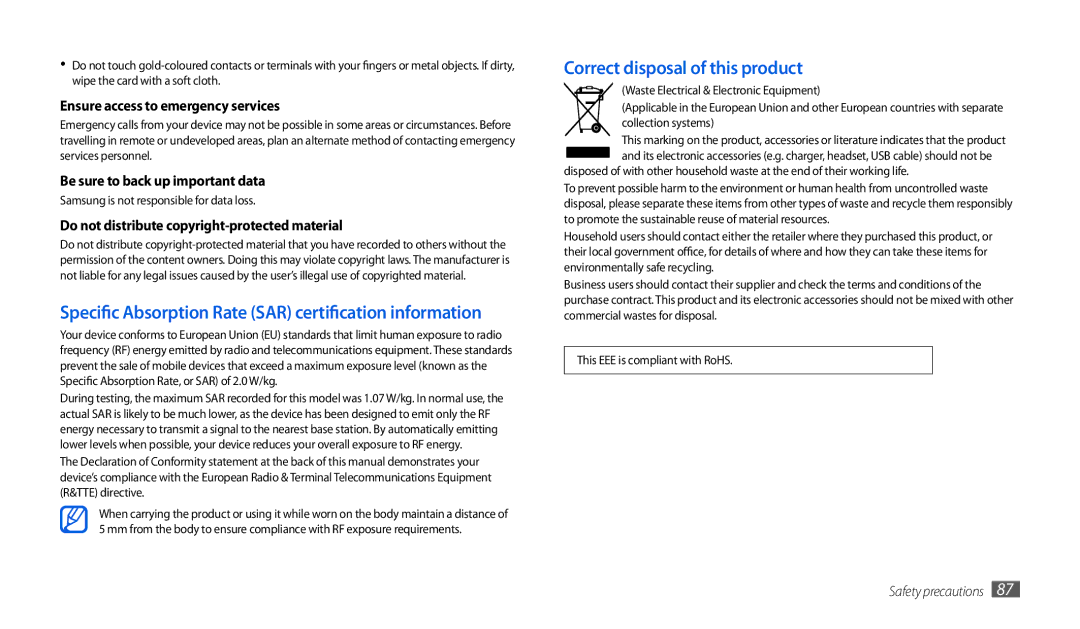 Samsung GT-P1000CWAEGY manual Specific Absorption Rate SAR certification information, Correct disposal of this product 