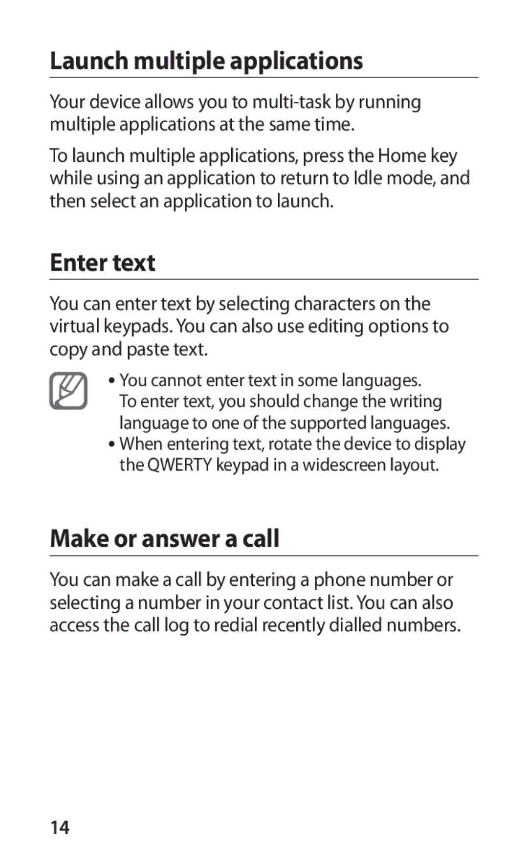 Samsung GT-P1000CWABOG, GT-P1000CWAXEU, GT-P1000CWAVD2 manual Launch multiple applications, Enter text, Make or answer a call 