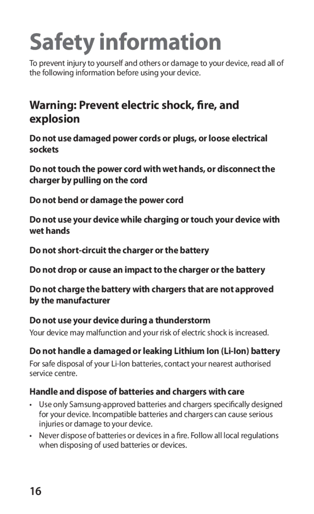 Samsung GT-P1000CWAFWB, GT-P1000CWAXEU manual Safety information, Handle and dispose of batteries and chargers with care 