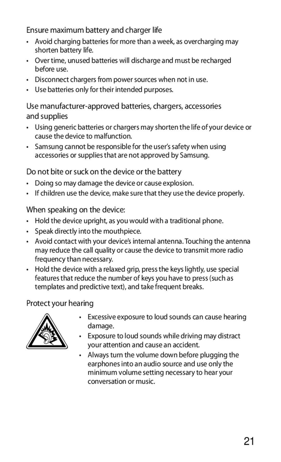 Samsung GT-P1000CWAHUI manual Ensure maximum battery and charger life, Do not bite or suck on the device or the battery 