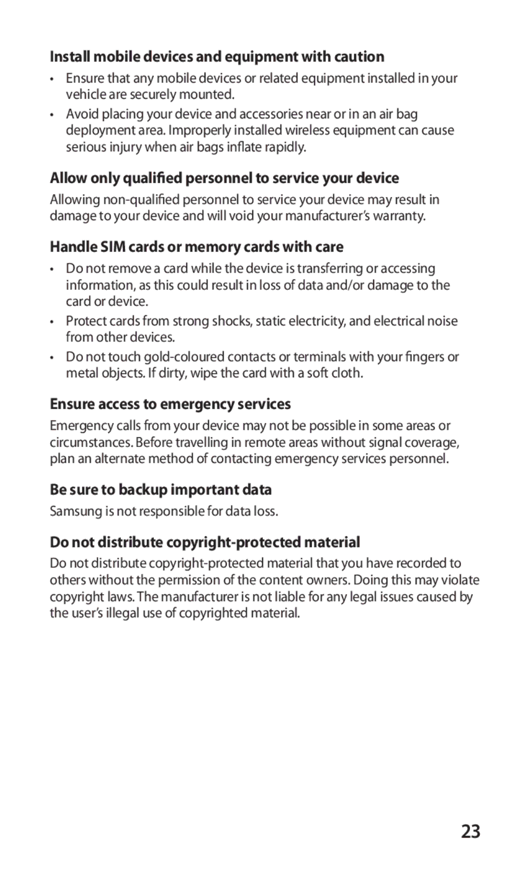 Samsung GT-P1000CWAITV manual Install mobile devices and equipment with caution, Handle SIM cards or memory cards with care 