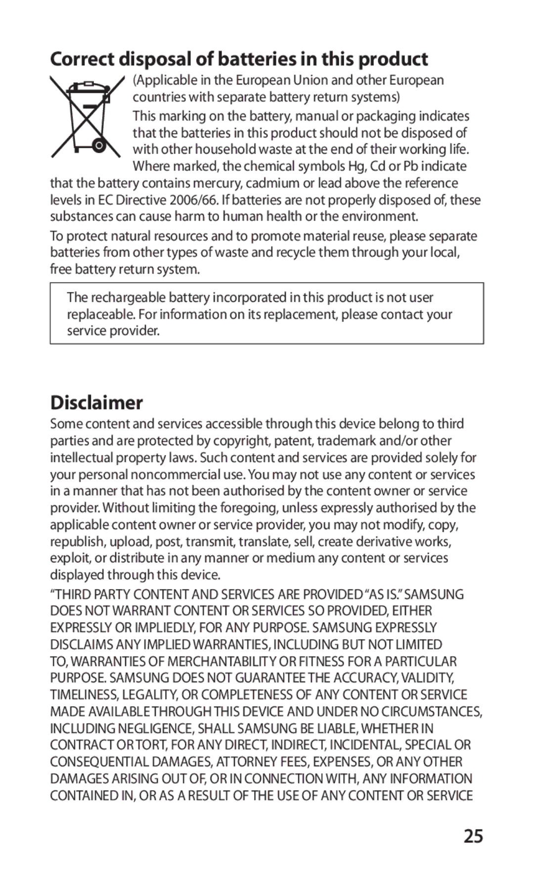 Samsung GT-P1000CWACOS, GT-P1000CWAXEU, GT-P1000CWAVD2, GT-P1000MSADBT manual Correct disposal of batteries in this product 