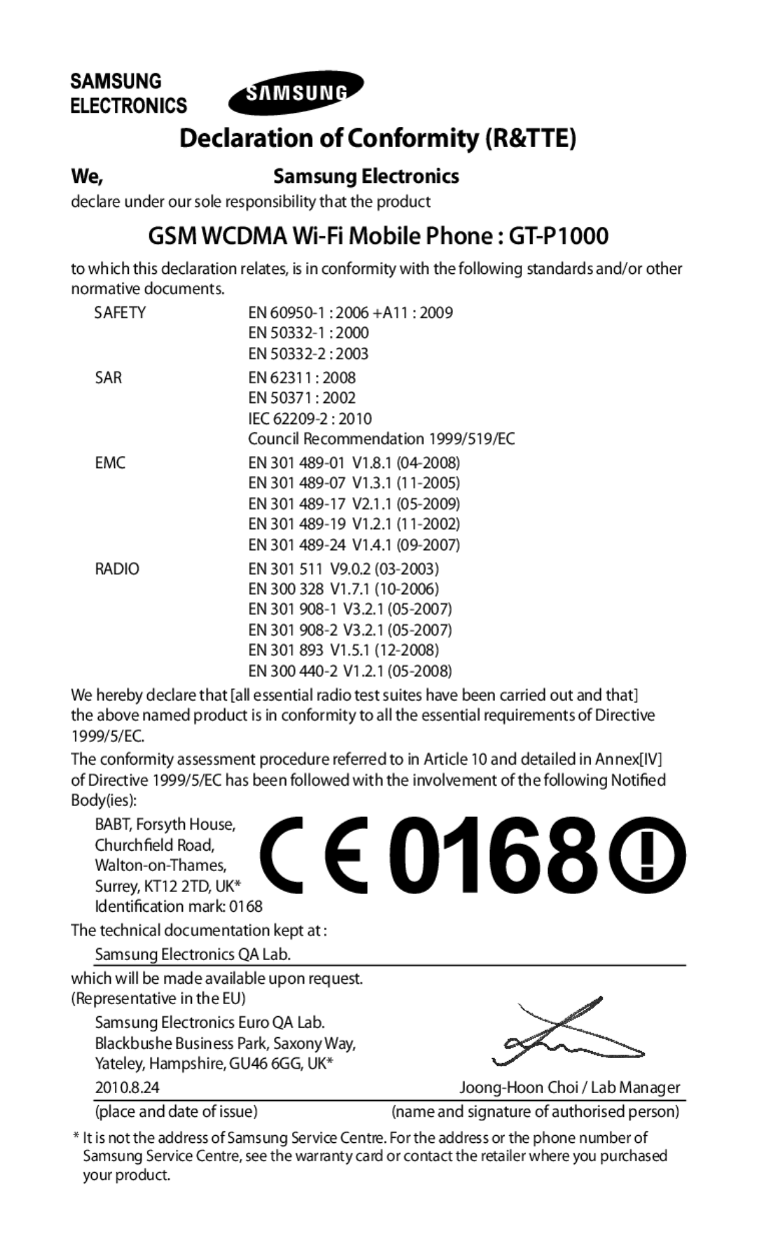 Samsung GT-P1000CWAFWD, GT-P1000CWAXEU, GT-P1000CWAVD2, GT-P1000MSADBT Declaration of Conformity R&TTE, Samsung Electronics 