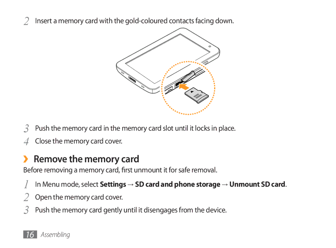Samsung GT-P1000CWAFWB, GT-P1000CWAXEU, GT-P1000CWAVD2, GT-P1000MSADBT, GT-P1000CWAEPL manual ›› Remove the memory card 