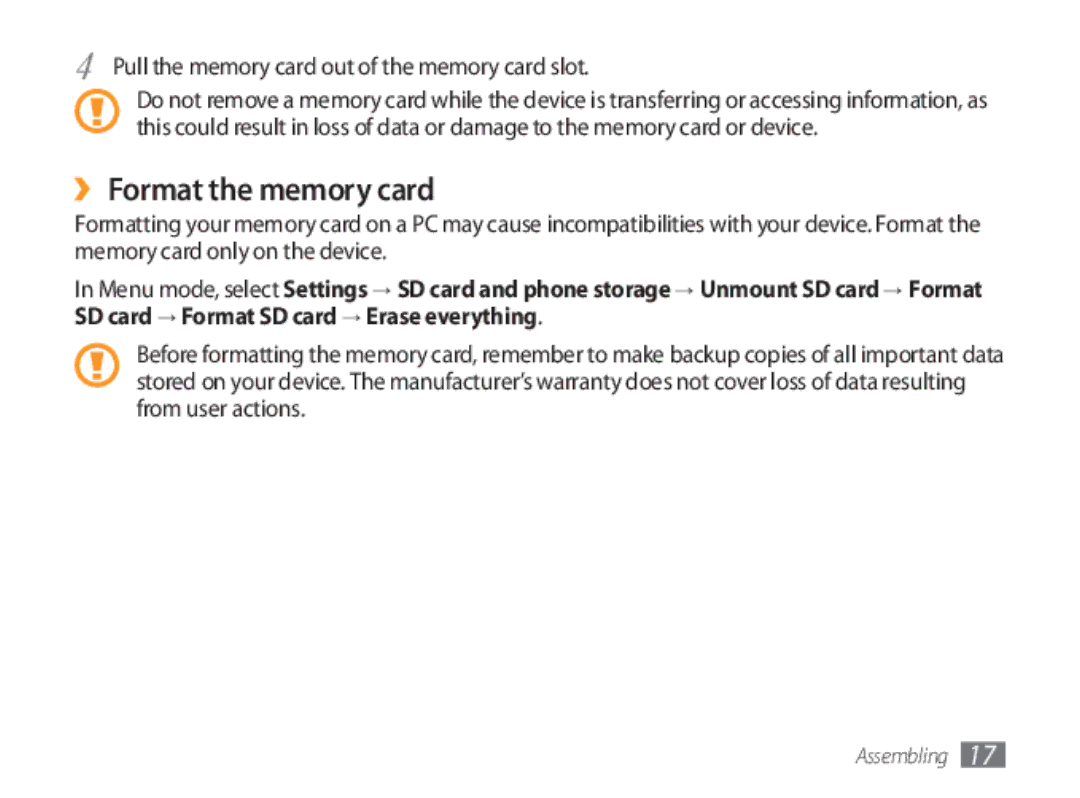 Samsung GT-P1000CWDFWB, GT-P1000CWAXEU manual ›› Format the memory card, Pull the memory card out of the memory card slot 
