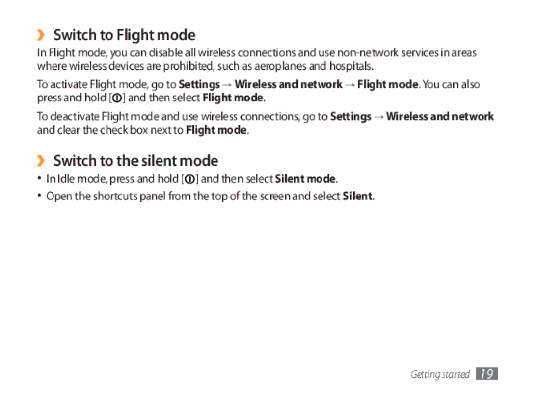 Samsung GT-P1000CWAWIN, GT-P1000CWAXEU, GT-P1000CWAVD2 manual ›› Switch to Flight mode, ›› Switch to the silent mode 