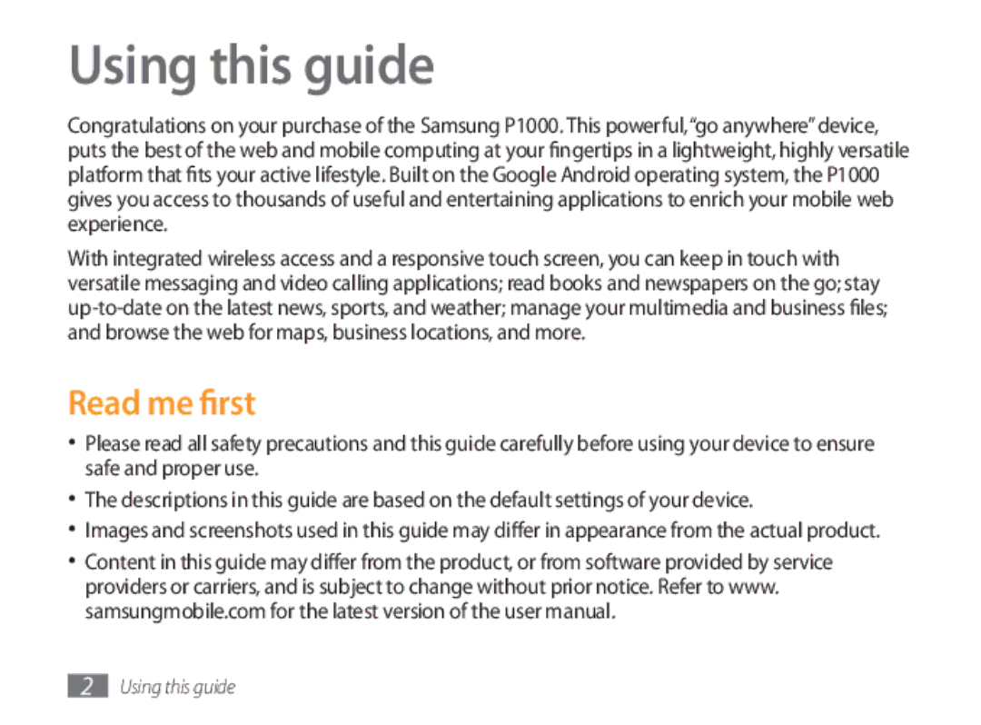 Samsung GT-P1000MSADBT, GT-P1000CWAXEU, GT-P1000CWAVD2, GT-P1000CWAEPL, GT-P1000CWAMOB manual Using this guide, Read me first 