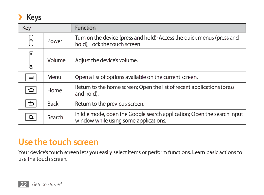 Samsung GT-P1000CWAOMN, GT-P1000CWAXEU, GT-P1000CWAVD2, GT-P1000MSADBT, GT-P1000CWAEPL manual Use the touch screen, ››Keys 