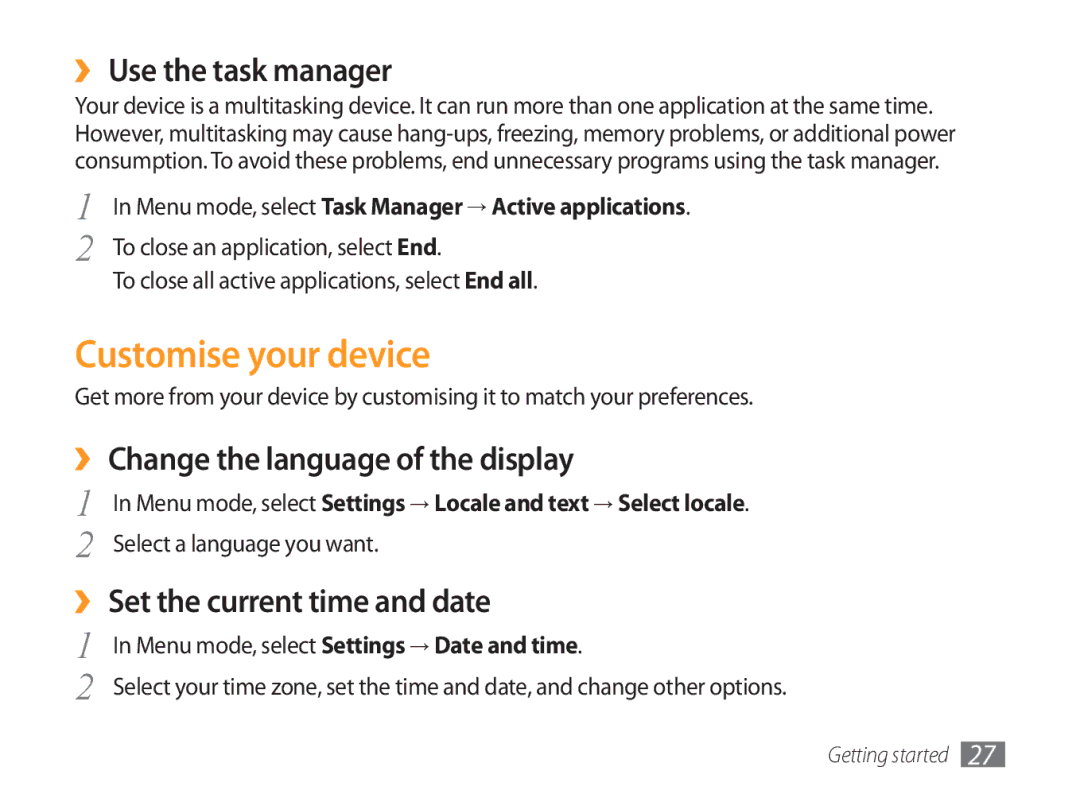 Samsung GT-P1000CWAFWD manual Customise your device, ›› Use the task manager, ›› Change the language of the display 