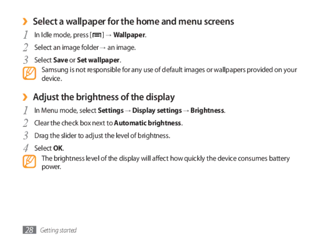 Samsung GT-P1000MSAFOP manual ›› Select a wallpaper for the home and menu screens, ›› Adjust the brightness of the display 