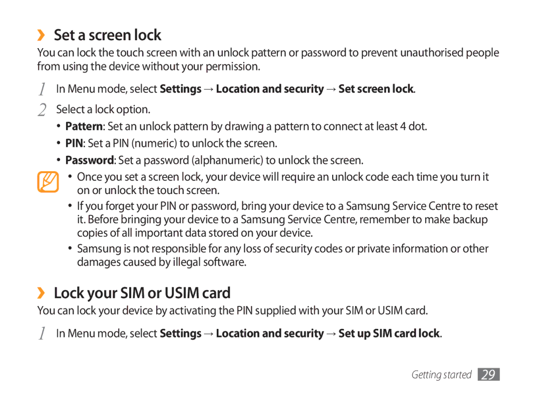 Samsung GT-P1000CWDYOG, GT-P1000CWAXEU, GT-P1000CWAVD2, GT-P1000MSADBT ›› Set a screen lock, ›› Lock your SIM or Usim card 